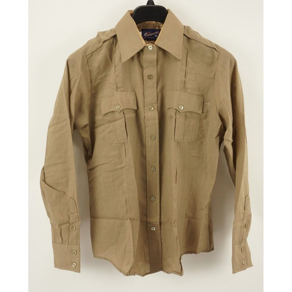 Vintage 1960s Conqueror Field Safari Shirt Mens 40R Tan Woven Wool Blend Epaulet